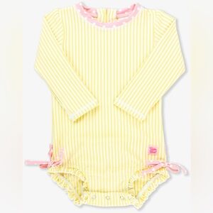 RuffleButts Yellow Seersucker Long Sleeve Rashguard One Piece Swimsuit
